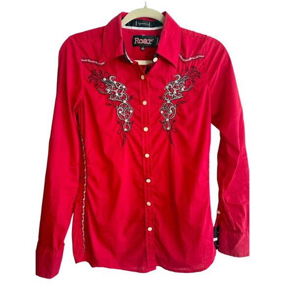 Women’s Roar Signature Western Red Rhinestone Button Down Blouse size Small - Picture 2 of 9
